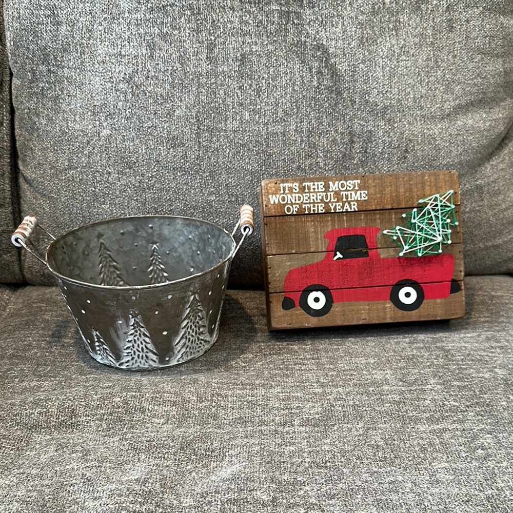 Holiday Decor Set with Red Truck sign and Silver Bucket